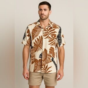Men's Leaf Print Casual Shirt - Cream and Brown